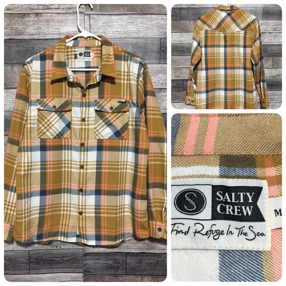 Salty Crew Flannel Shirt Men’s M Tan Plaid Button Up Long Sleeve